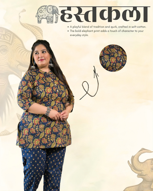 Navy Blue Floral Print Pure Cotton Co-Ord Set