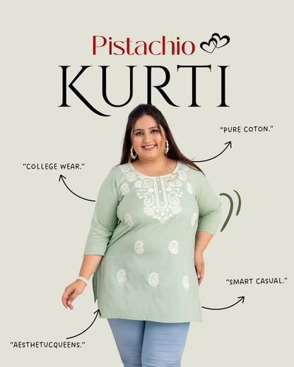 Plus Size Pistachio Green Embroidered Pure Cotton Top