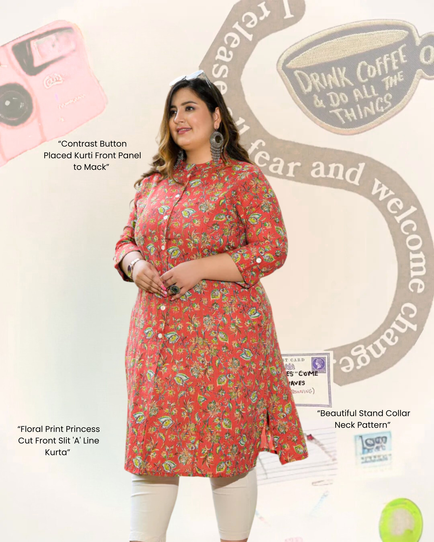 Red Front Slit 'A' Line Kurta (Cotton)