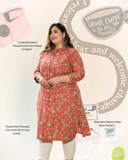 Red Front Slit 'A' Line Kurta (Cotton)