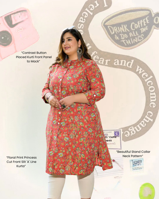 Red Front Slit 'A' Line Kurta (Cotton)