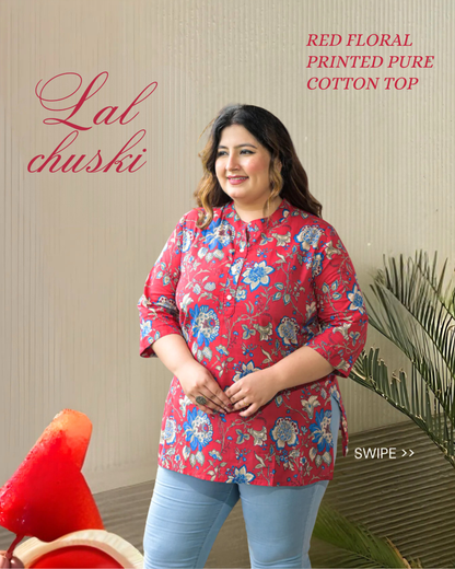 Red Floral Printed Pure Cotton Top