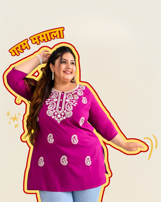 Plus Size Magenta Embroidered Pure Cotton Top