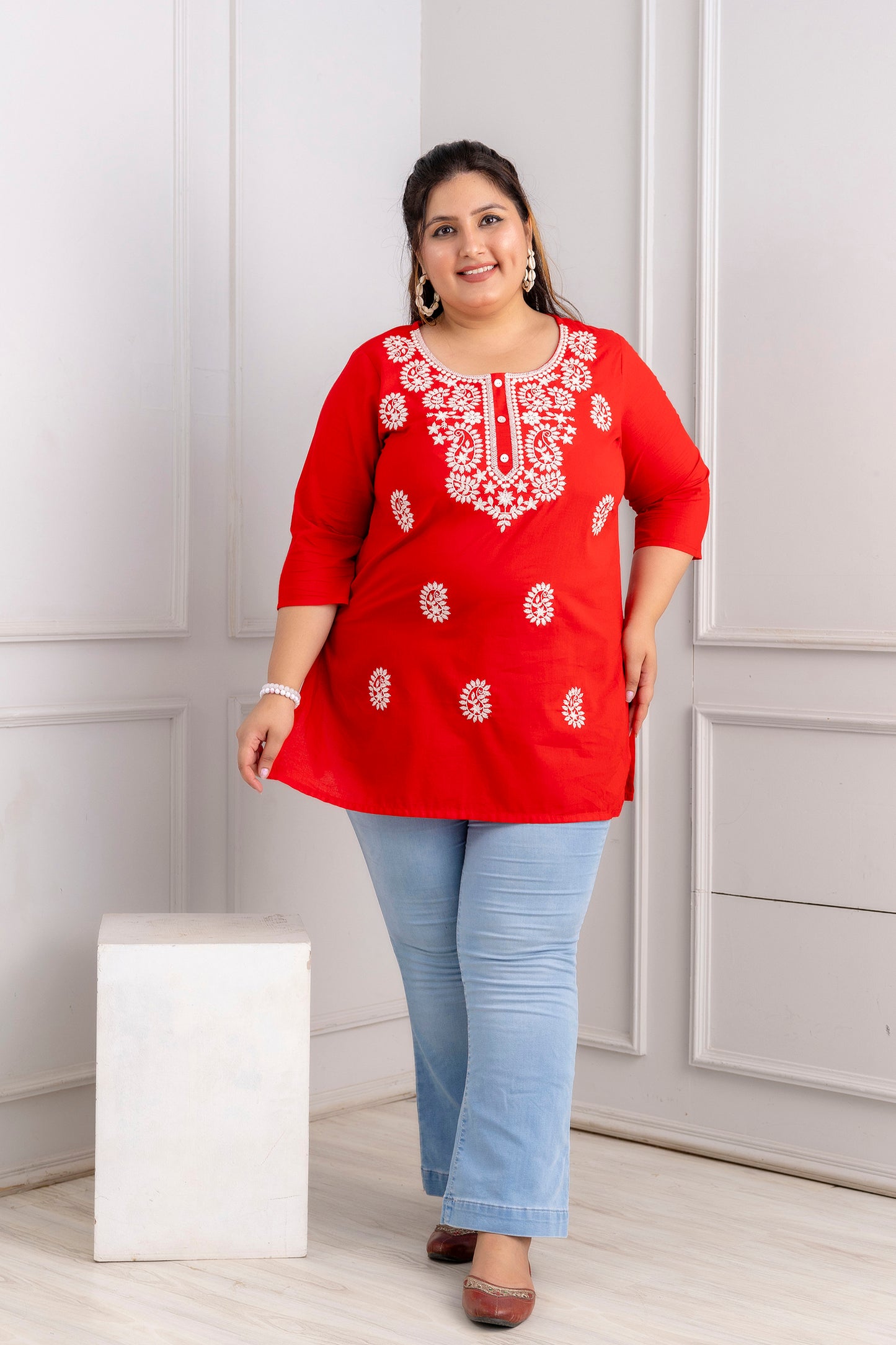 Red Embroidered Pure Cotton Top