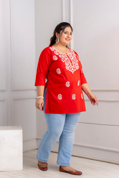 Red Embroidered Pure Cotton Top