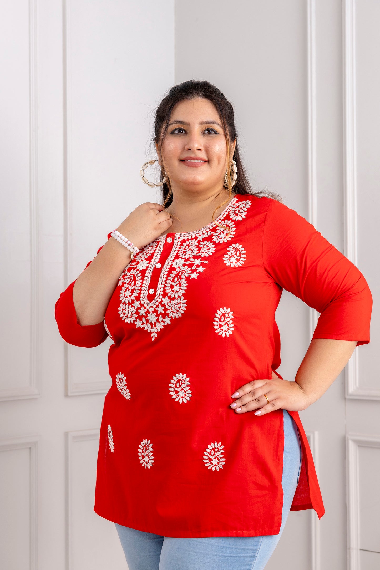 Red Embroidered Pure Cotton Top