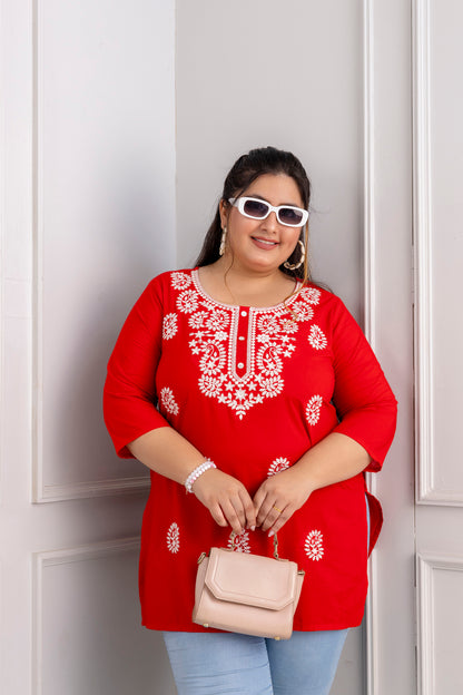 Red Embroidered Pure Cotton Top