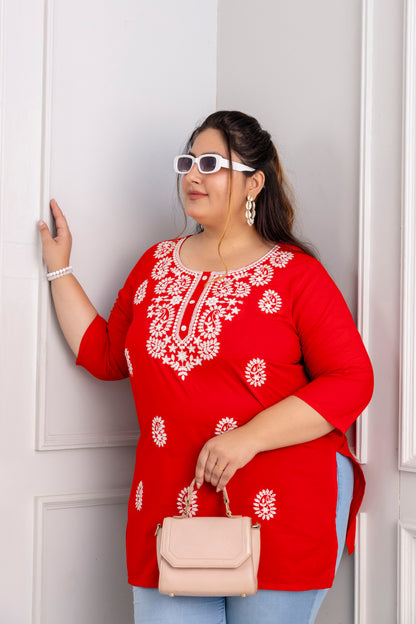 Red Embroidered Pure Cotton Top