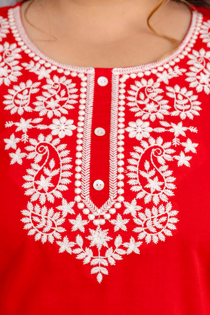 Red Embroidered Pure Cotton Top