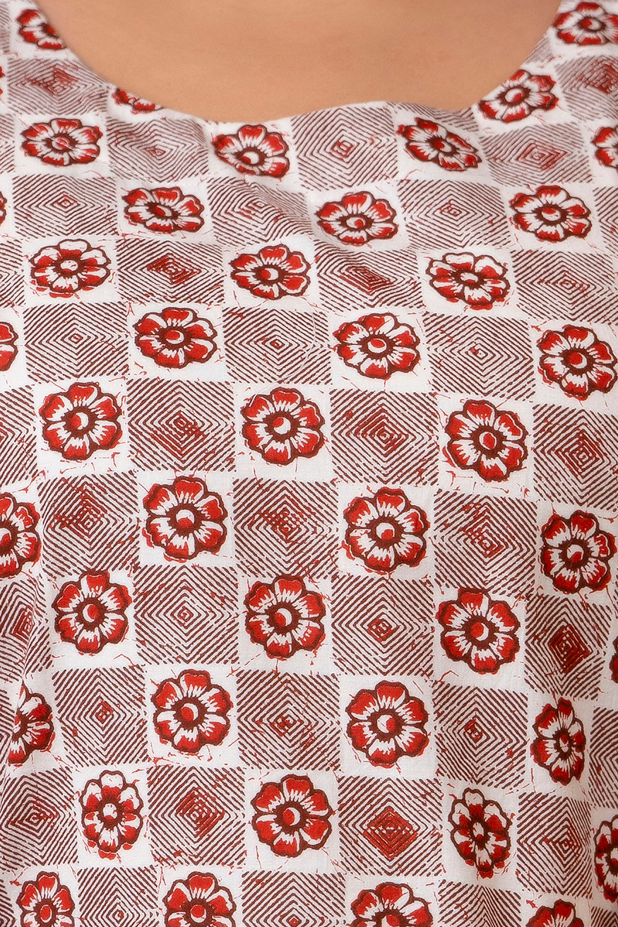 Red Block Print Pure Cotton Top