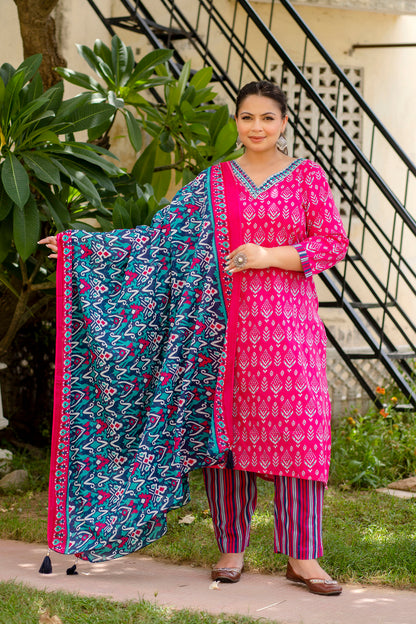 Rani Pink Printed Kurta pant Dupatta Set (Cotton)