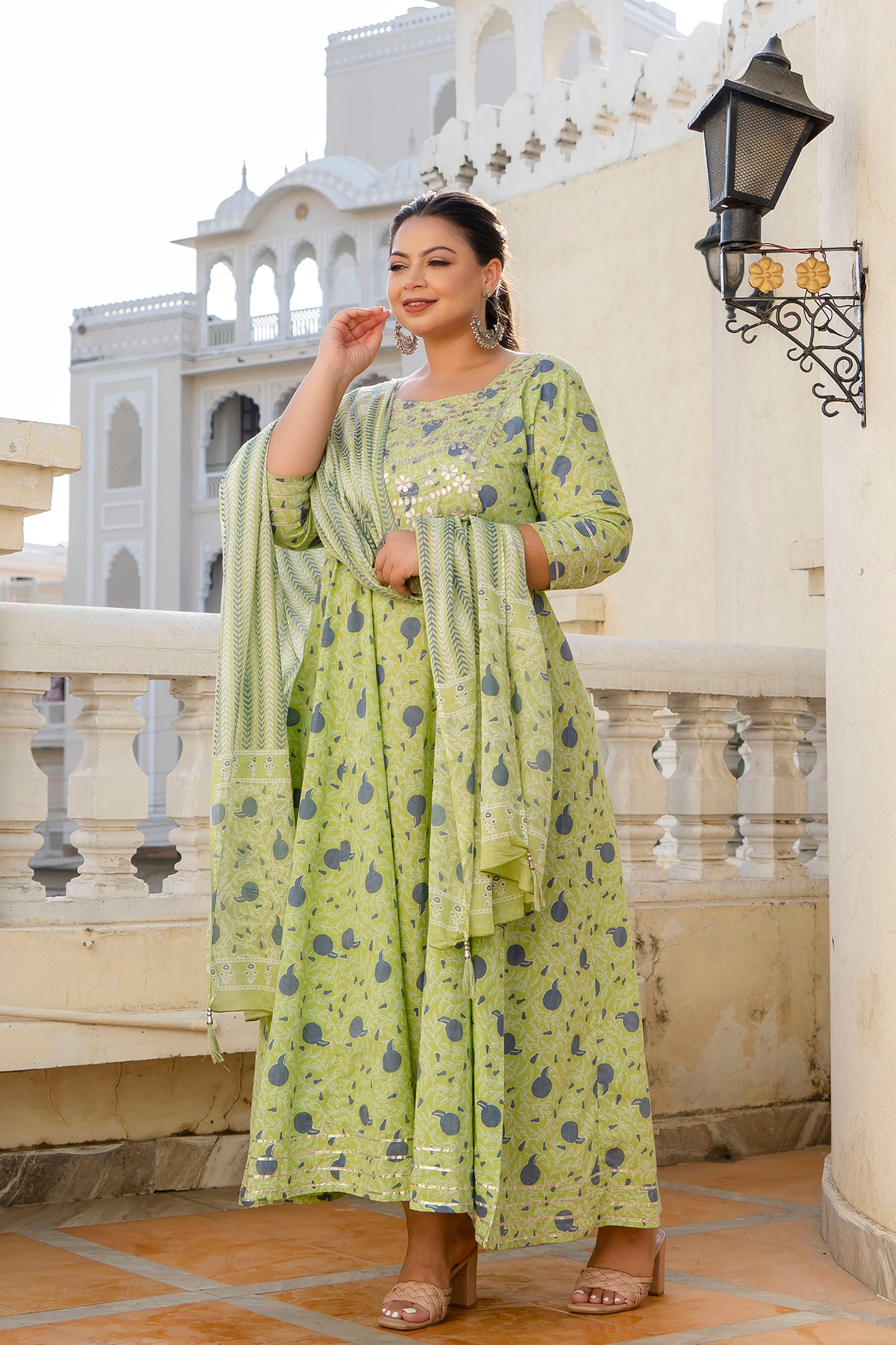 Green Pure Cotton Embroidered Anarkali Kurta & Dupatta Set