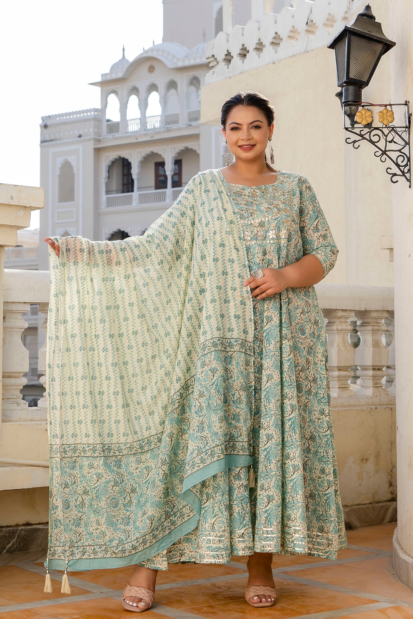 Beige Embroidered Anarkali Kurta & Dupatta Set (Pure Cotton)