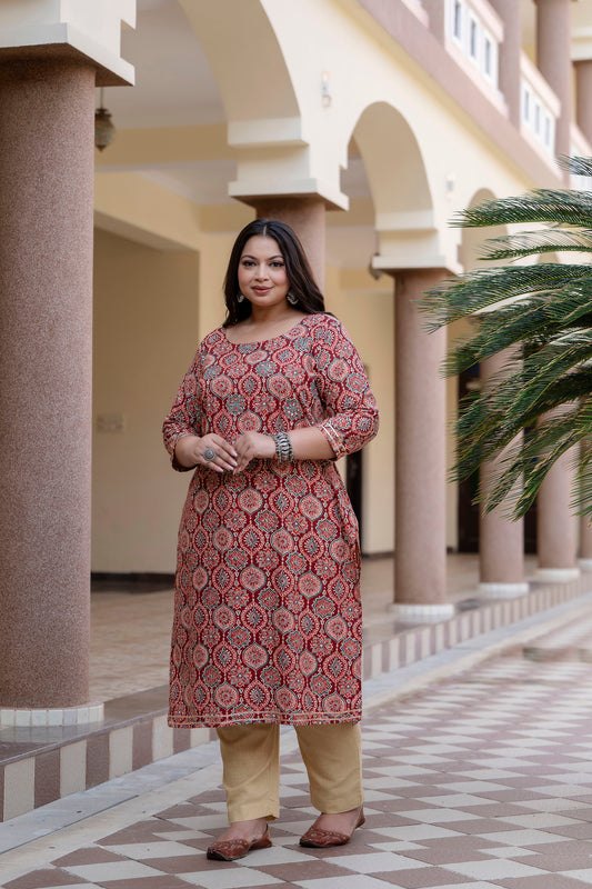 Maroon Pure Cotton Straight Kurti