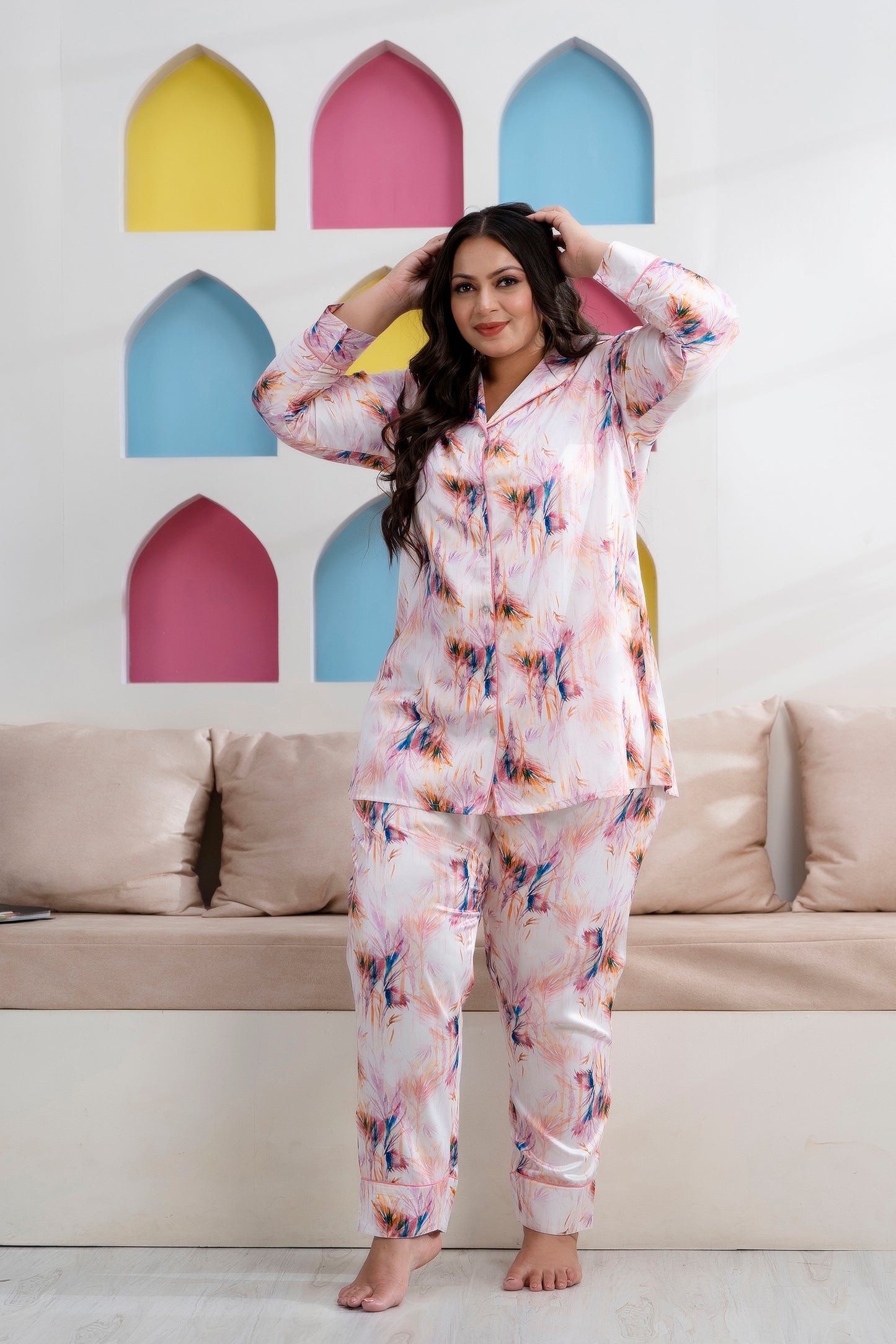 Dusty Pink Cotton Printed Night Suit Set