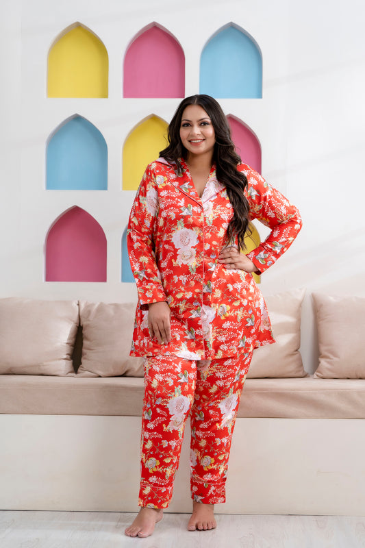 Orange Printed Night Suit Shirt & Pajama Set