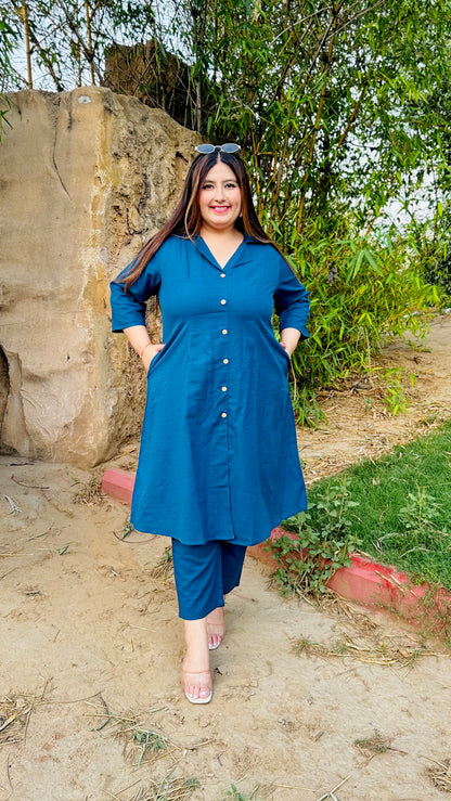 Teal Blue Collared Co-Ord Set