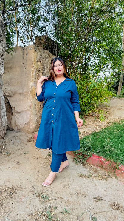 Teal Blue Collared Co-Ord Set