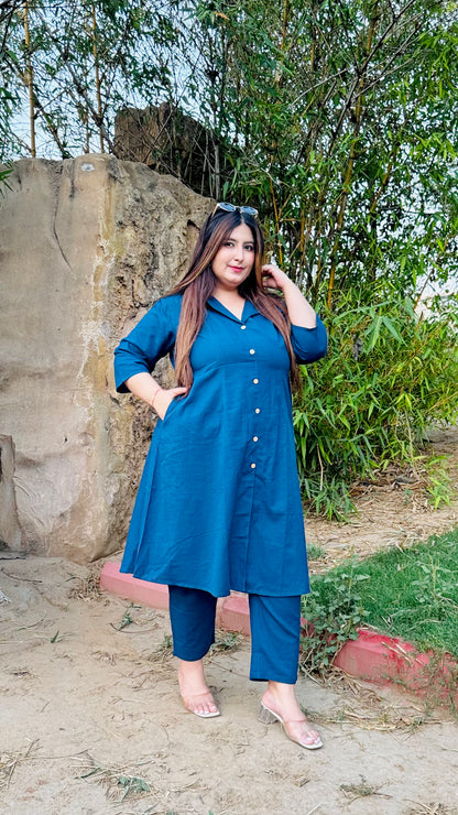 Teal Blue Collared Co-Ord Set
