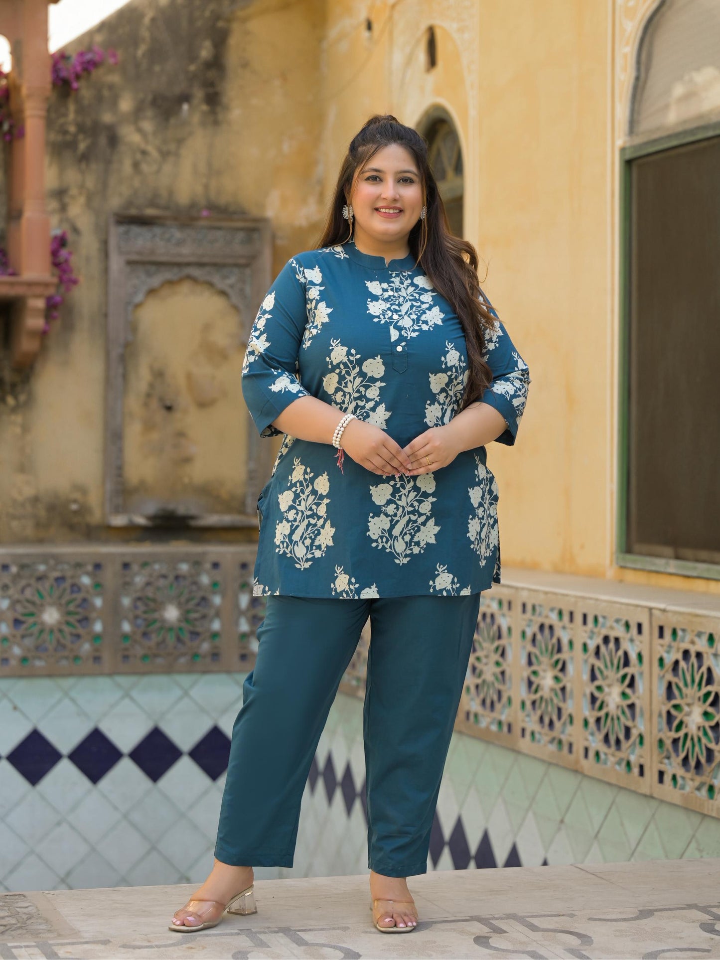 Teal Blue Floral Print Pure Cotton Co-Ord Set