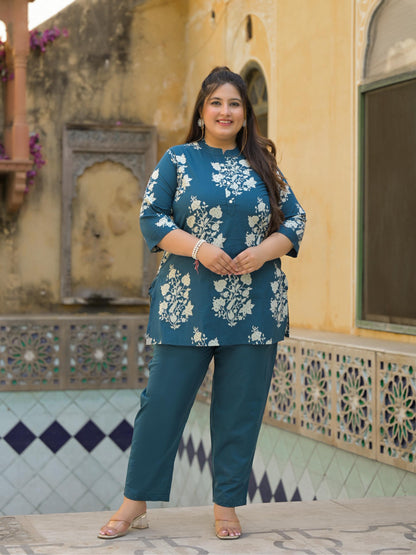 Teal Blue Floral Print Pure Cotton Co-Ord Set