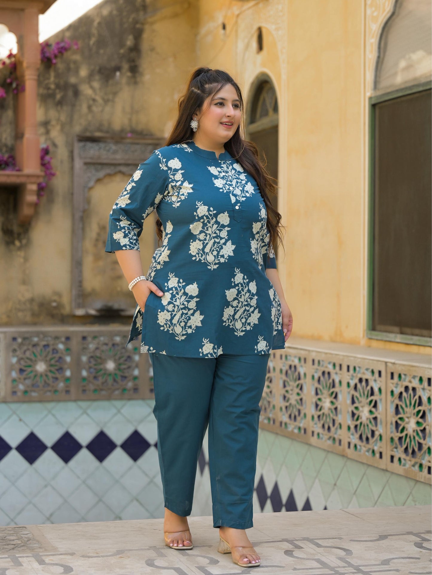 Teal Blue Floral Print Pure Cotton Co-Ord Set