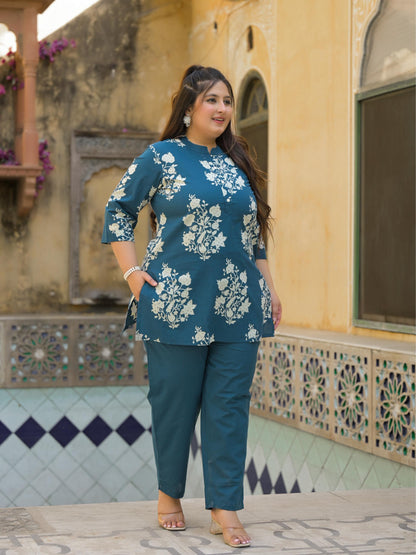 Teal Blue Floral Print Pure Cotton Co-Ord Set