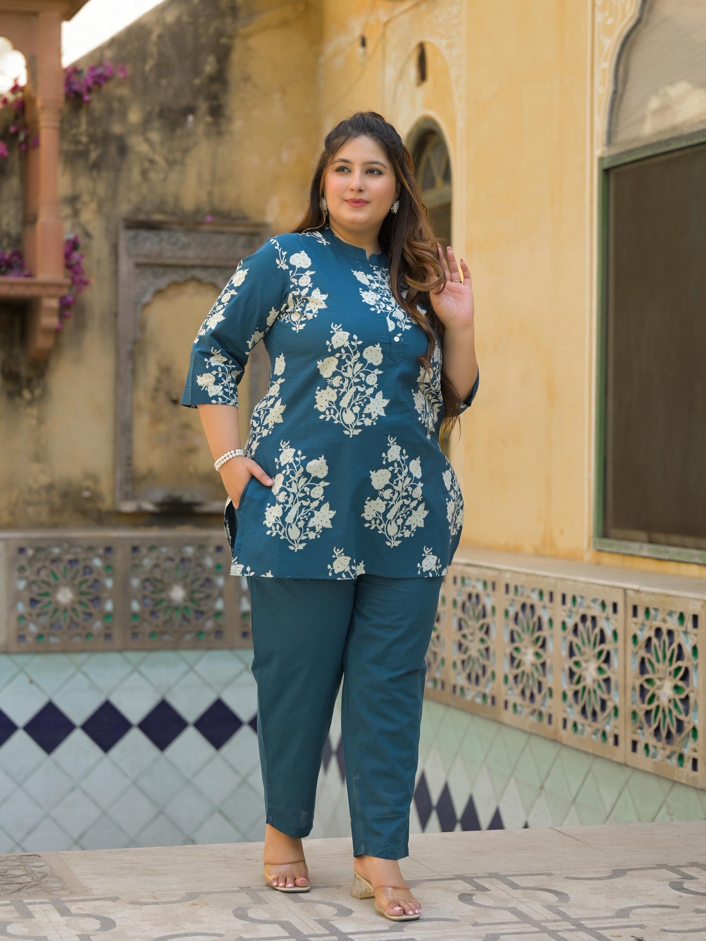 Teal Blue Floral Print Pure Cotton Co-Ord Set