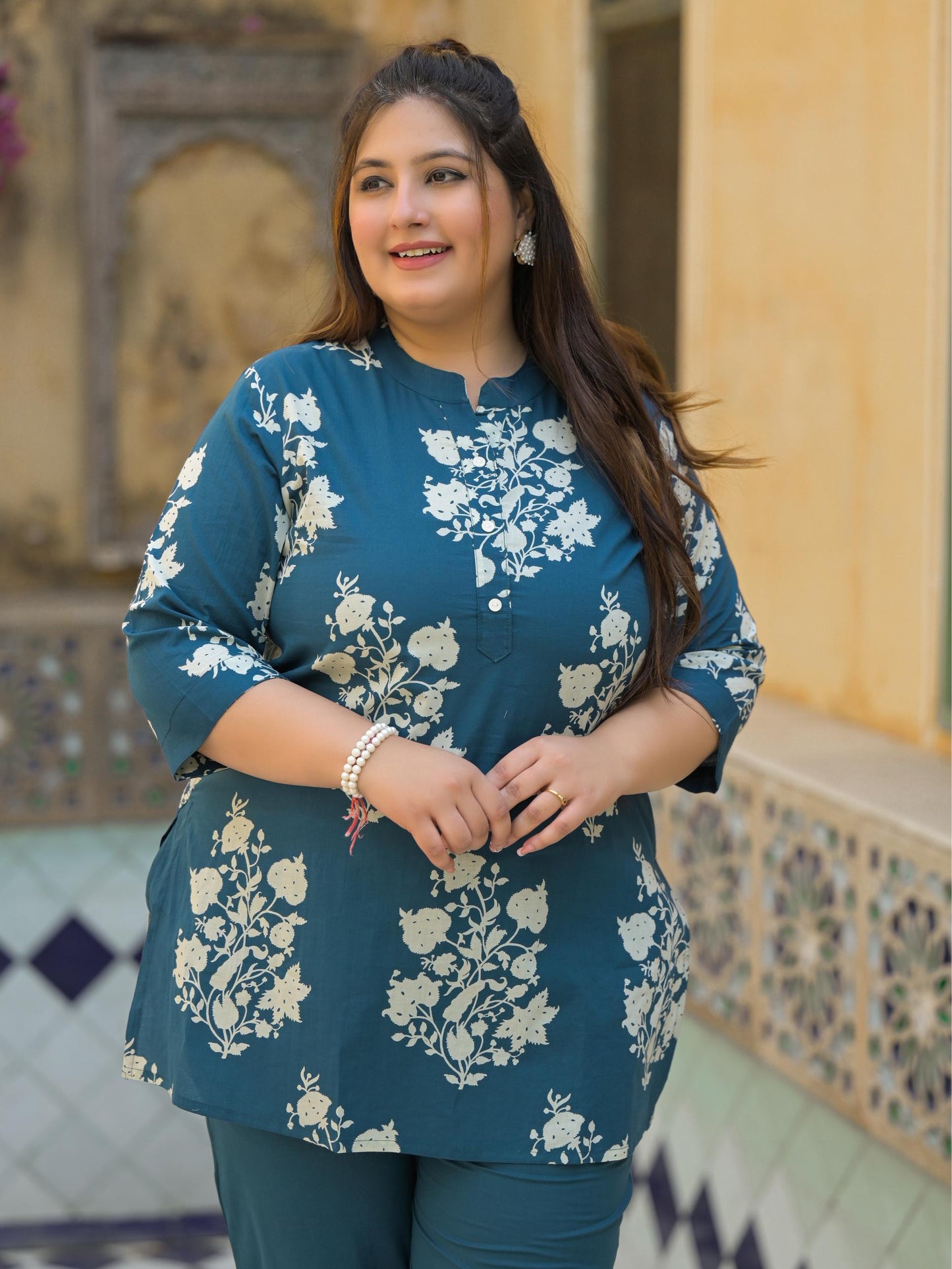 Teal Blue Floral Print Pure Cotton Co-Ord Set