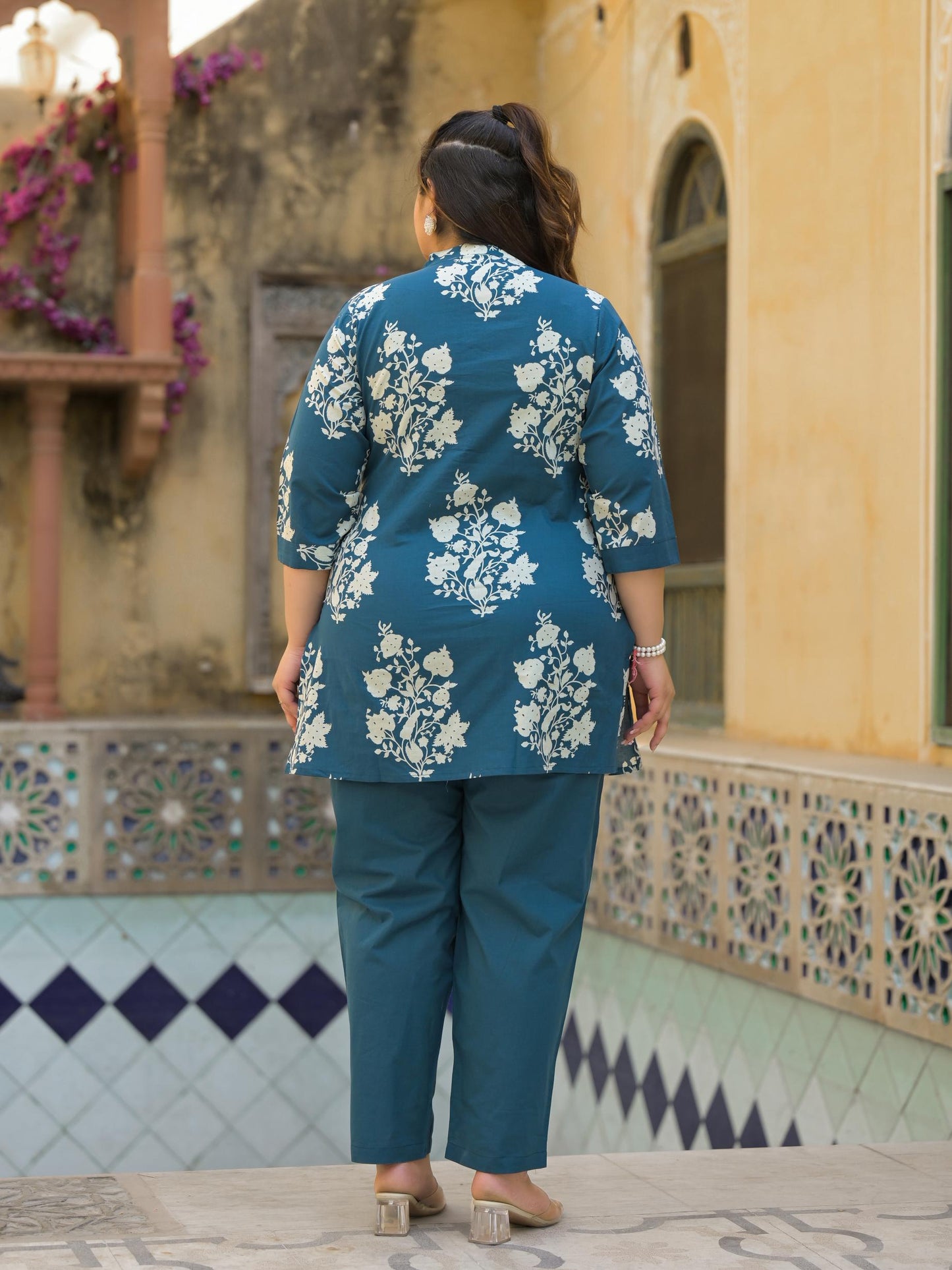 Teal Blue Floral Print Pure Cotton Co-Ord Set