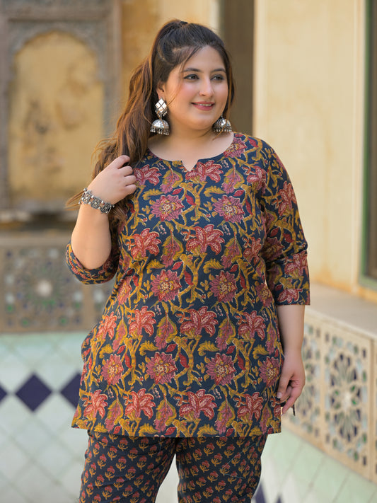 Navy Blue Floral Print Pure Cotton Co-Ord Set