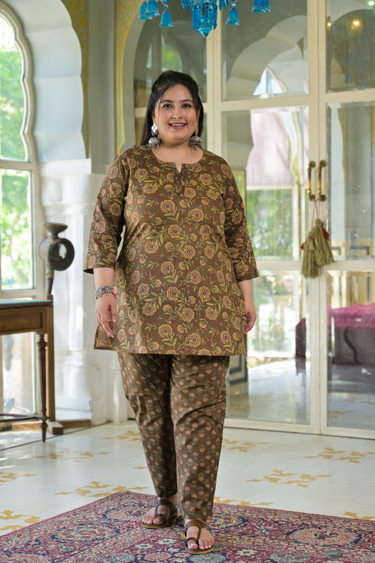 Brown Floral Print Pure Cotton Co-Ord Set