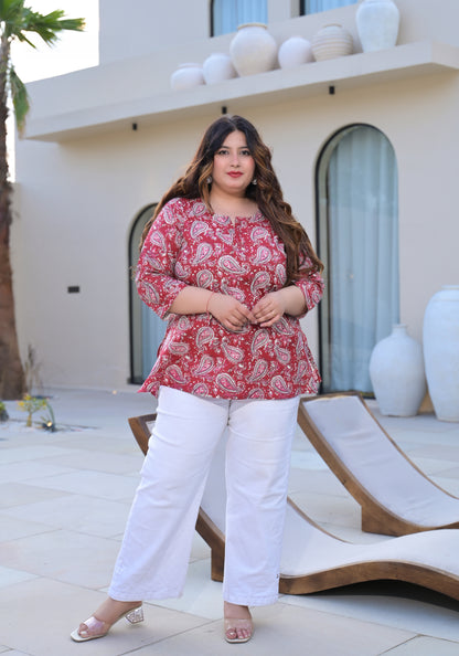 Maroon Printed Pure Cotton Top