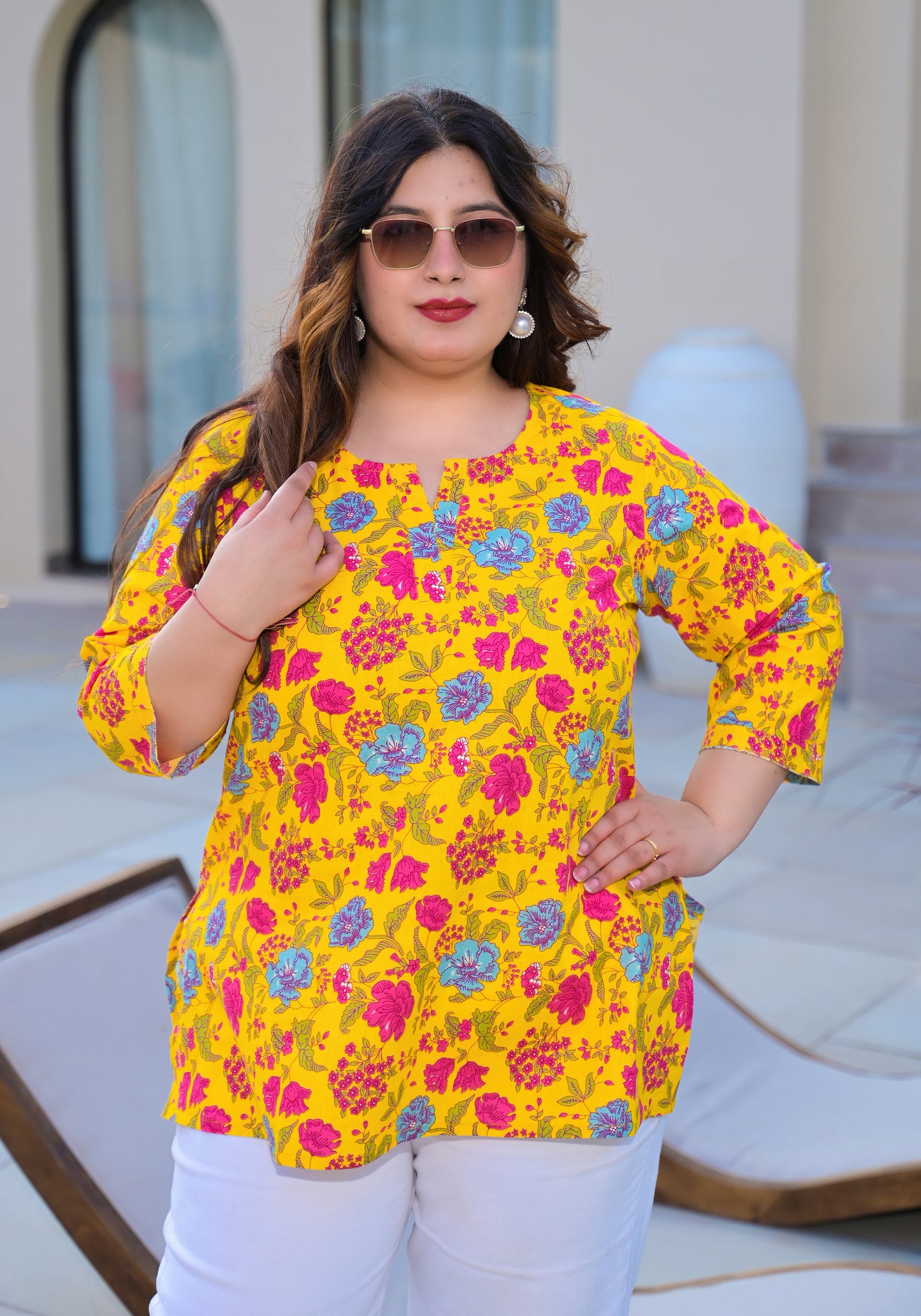 Yellow Printed Pure Cotton Top