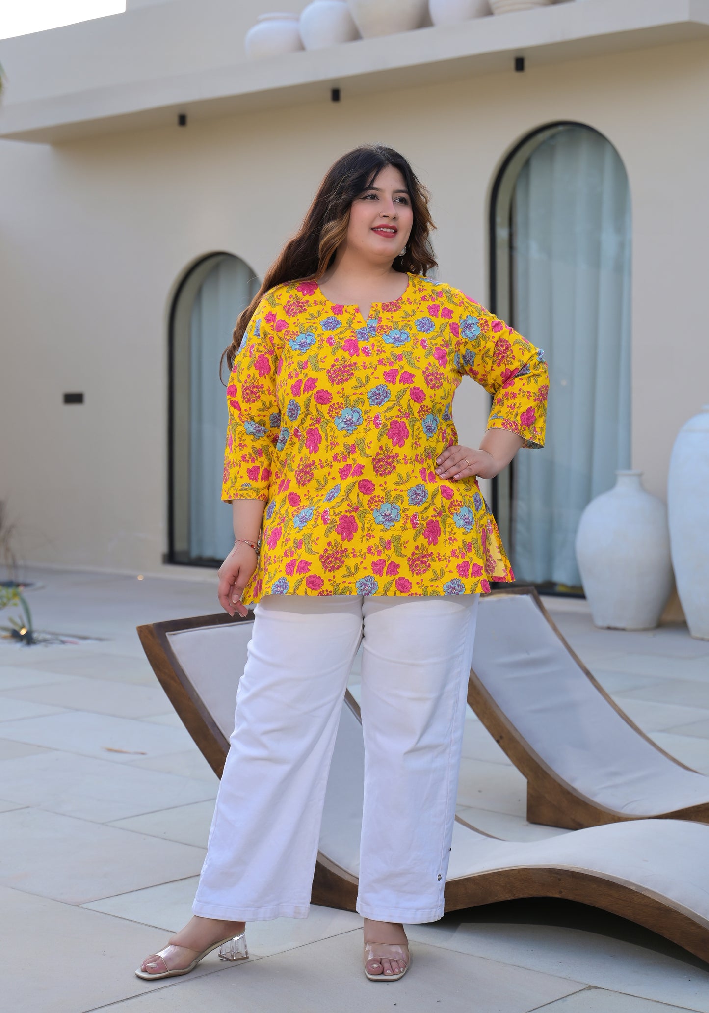 Yellow Printed Pure Cotton Top