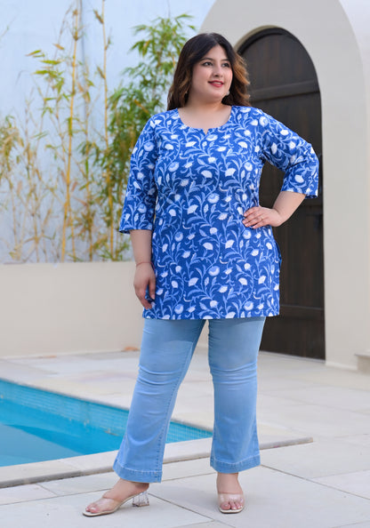 Royal Blue Printed Pure Cotton Top