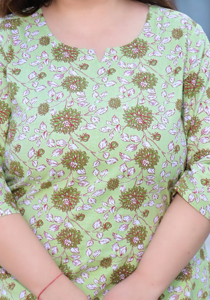 Light Green Printed Pure Cotton Top