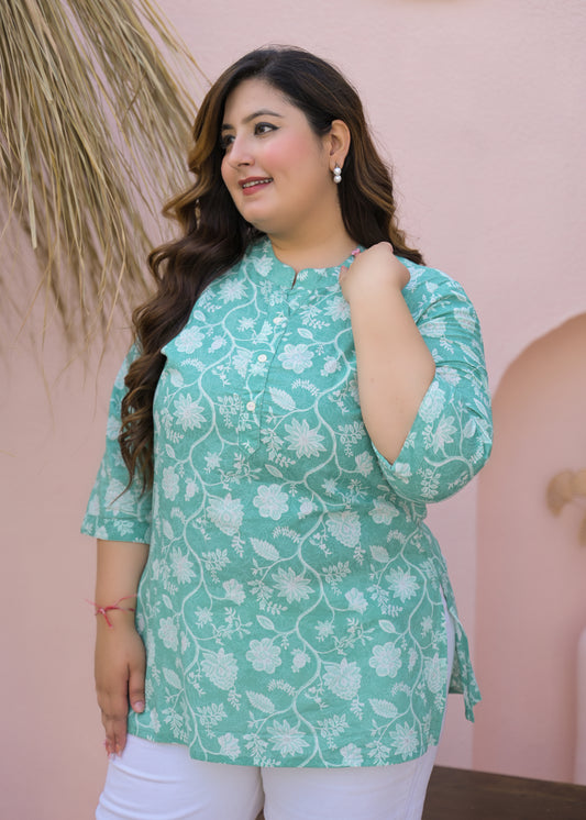 Sea Green Printed Pure Cotton Top
