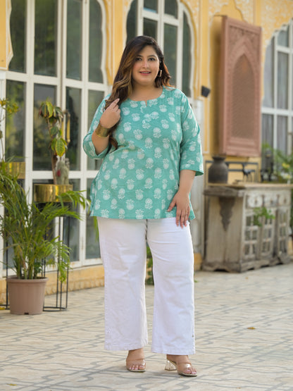 Sea Green Printed Pure Cotton Top