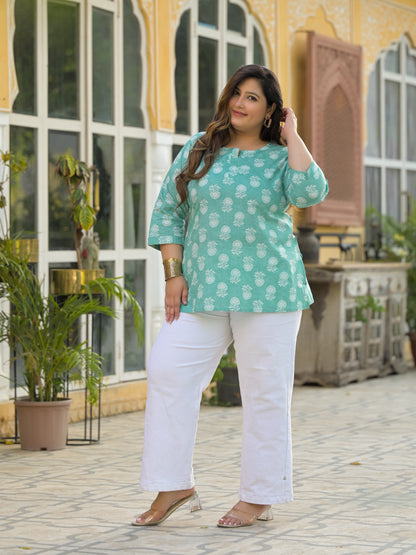 Sea Green Printed Pure Cotton Top