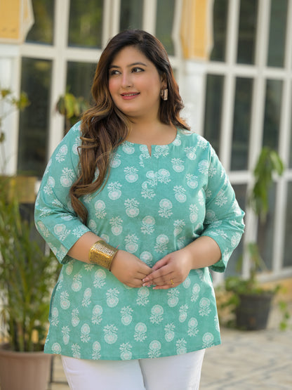 Sea Green Printed Pure Cotton Top