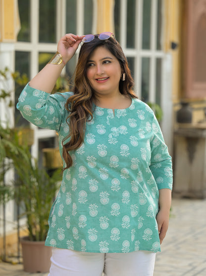 Sea Green Printed Pure Cotton Top