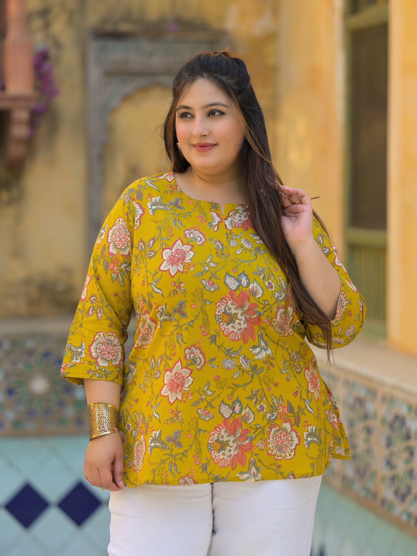 Mustard Printed Pure Cotton Top