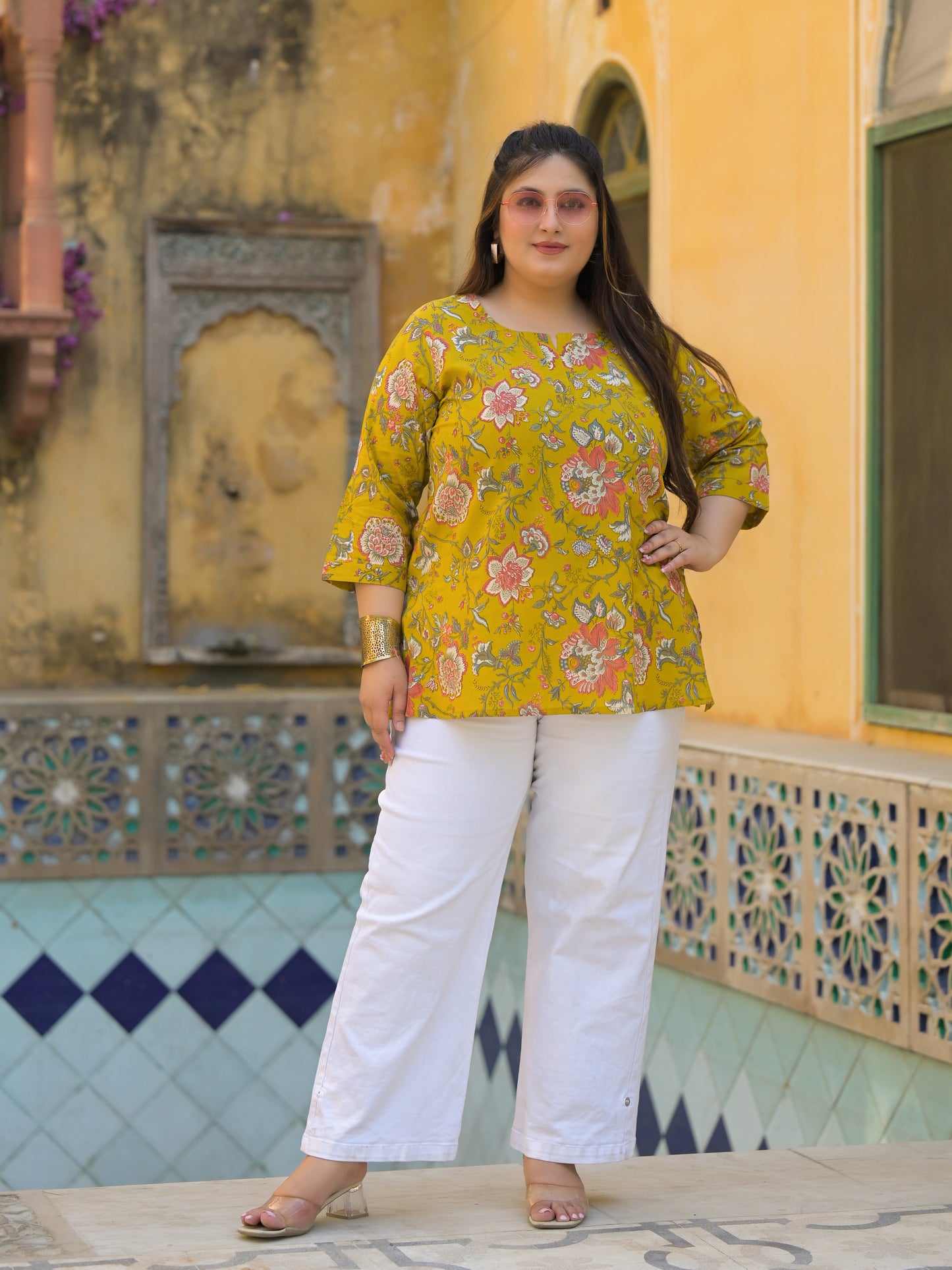 Mustard Printed Pure Cotton Top