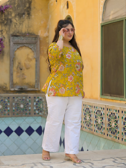 Mustard Printed Pure Cotton Top