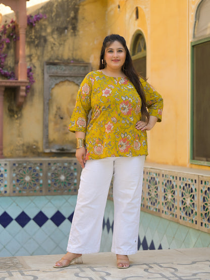 Mustard Printed Pure Cotton Top