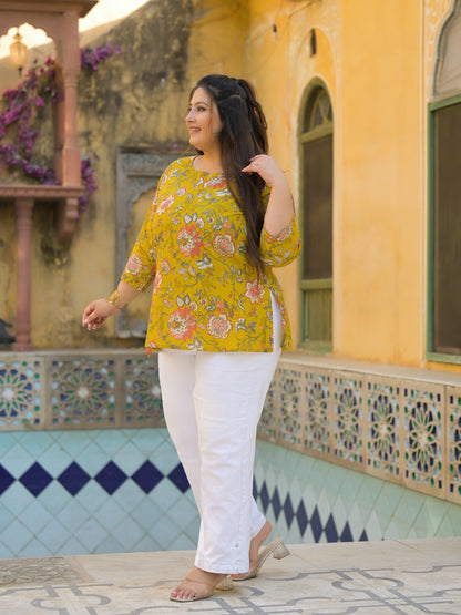 Mustard Printed Pure Cotton Top