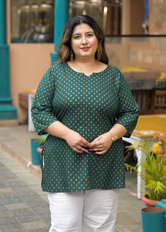 Green Gold Print Ethnic Top
