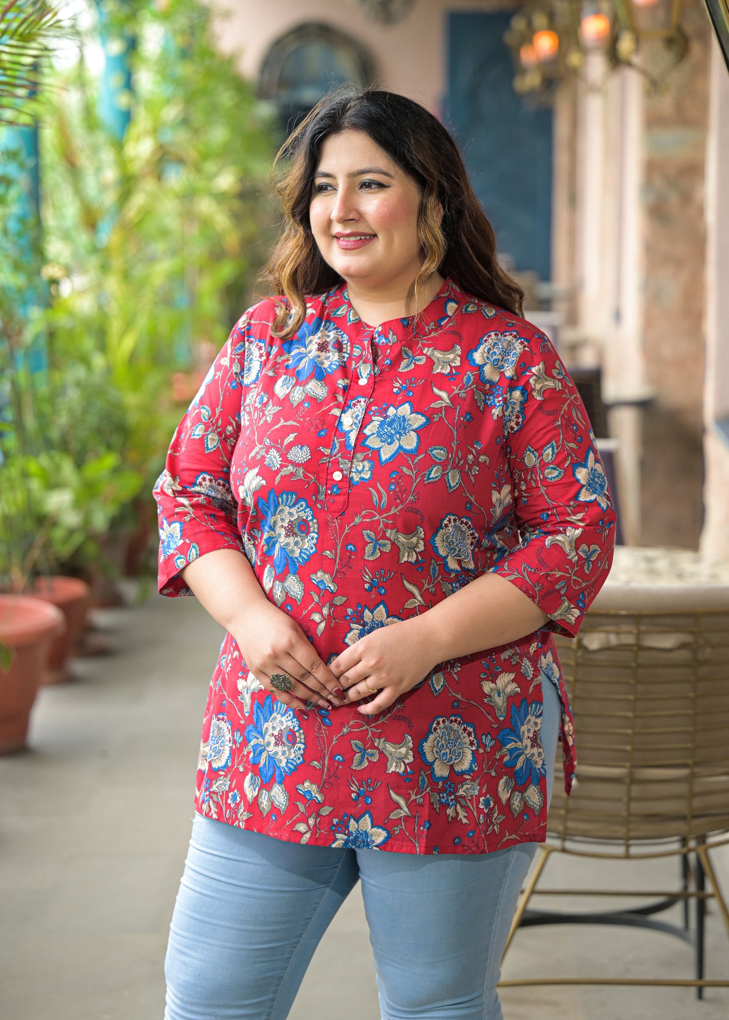 Red Floral Printed Pure Cotton Top