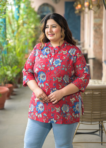 Red Floral Printed Pure Cotton Top